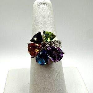 Multi-gemstone and Diamond "flower" statement ring all set in sterling silver!
